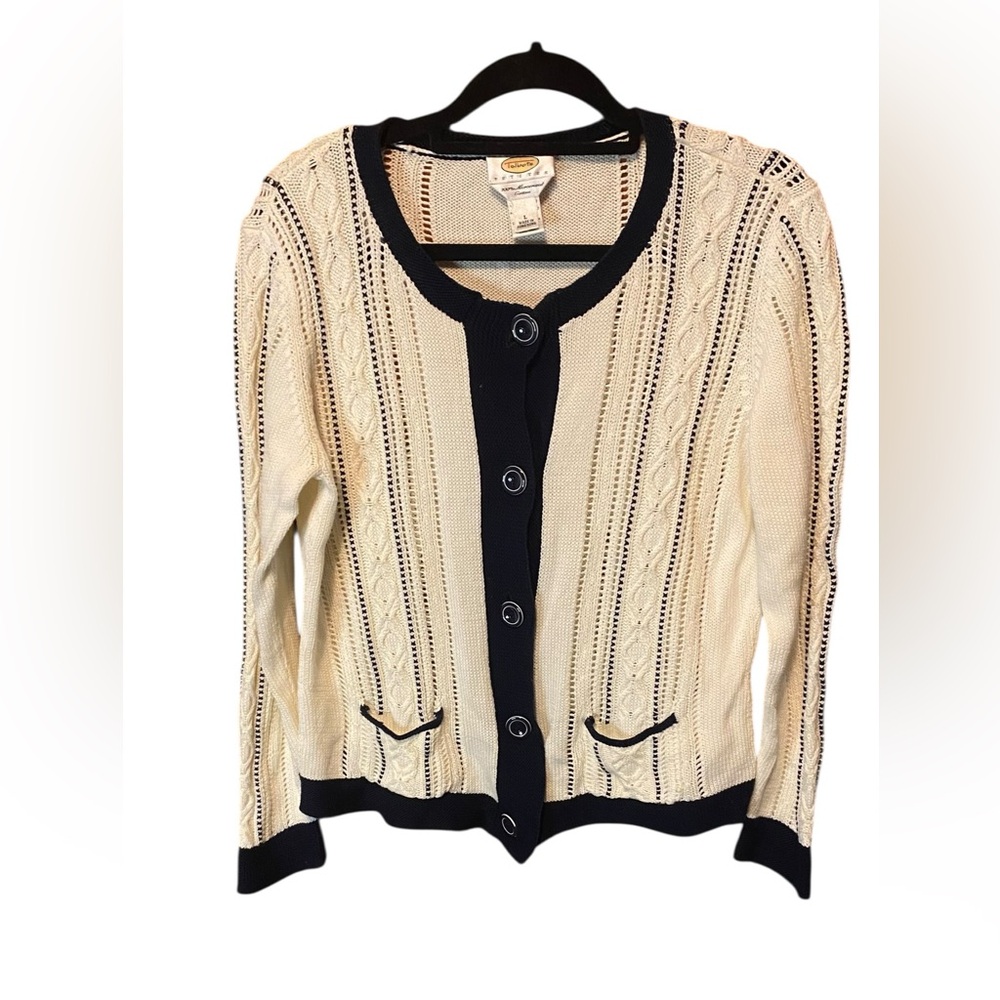 Talbots Cream Navy Cardigan Sweater Large Petite Mercerized Cotton Preppy